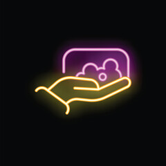 Poster - Hand holding soap bar with foam neon sign on black background