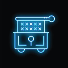 Poster - Glowing blue neon icon of a vintage chest being moved by a cart on black background
