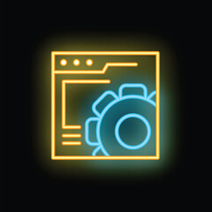 Poster - Neon sign of website optimization concept with webpage and gear glowing blue and yellow