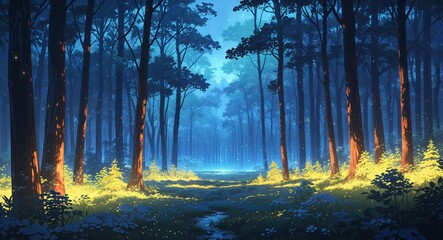 Wall Mural - Hyperdetailed glowing forest with serene atmosphere on anime background