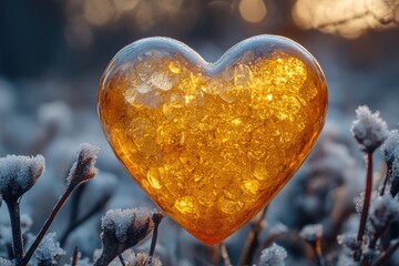 Sticker - A heart-shaped glass object sits on a snowy field, perfect for winter scenes or romantic gestures