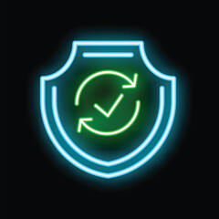 Poster - neon sign representing a recurring security check symbol with shield, ideal for illustrating concept