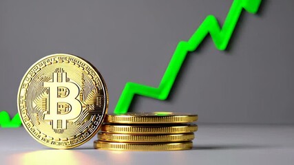 Poster - Bitcoin cryptocurrency experiencing a rise in value, highlighted by a positive trend represented by an upward green arrow alongside several gleaming gold coins on a gray background