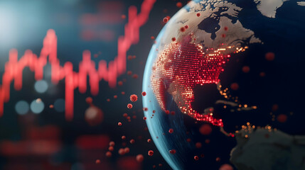Aufkleber - A digital globe with highlighted regions and rising red graphs, symbolizing global data trends and economic fluctuations.