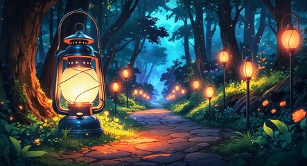 Wall Mural - Lantern lighting up enchanted forest path dreamlike on anime background