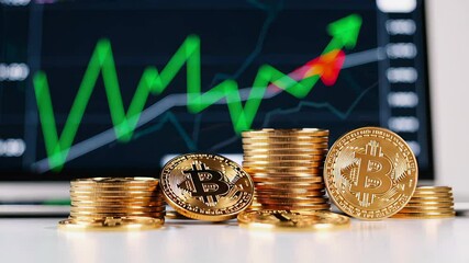 Aufkleber - Stacks of gleaming gold bitcoin coins arranged alongside a green arrow and a stock market chart, illustrating an upward trend in cryptocurrency value and investment growth