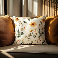 Wall Mural - A decorative pillow with floral patterns arranged on a sofa bathed in warm sunlight, evoking a cozy and welcoming atmosphere in an elegantly styled interior. Perfect for home decor inspiration .