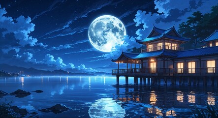 Wall Mural - Moonlight reflecting dreamlike pier serenity on anime background