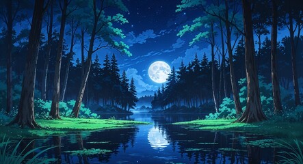 Wall Mural - Moonlit trees surrounding serene forest lake on anime background