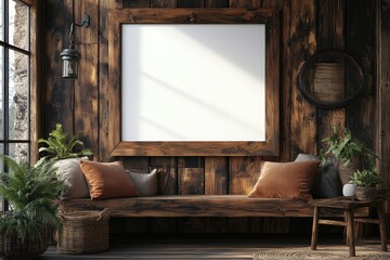 Poster - Large Empty Wooden Frame in Cozy Rustic Landscape Setting with Decorative Plants and Natural Light