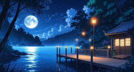 Wall Mural - Serene moonlit pier near enchanted forest glowing on anime background