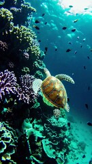 Poster - Beautiful sea turtle is swimming peacefully in crystal clear turquoise water near a vibrant and colorful coral reef, surrounded by a variety of small fish