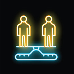 Poster - Neon sign illustrating two businessmen standing on a seesaw, symbolizing the concept of work life balance