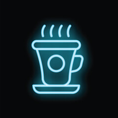 Wall Mural - Blue neon sign of a steaming coffee cup on a saucer is glowing against a black background