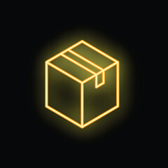 Poster - Bright neon yellow glowing cardboard box icon representing the concept of delivering on black background