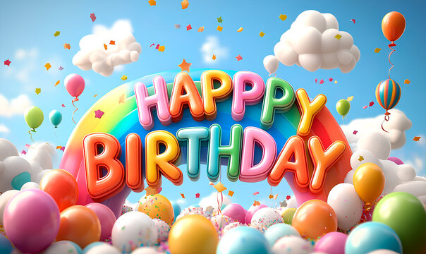 Happy birthday greeting card with colorful text over a rainbow, balloons, confetti, and clouds in a bright blue sky