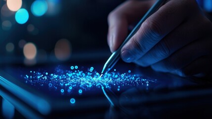 Leinwandbilder - A person is writing on a tablet with a stylus