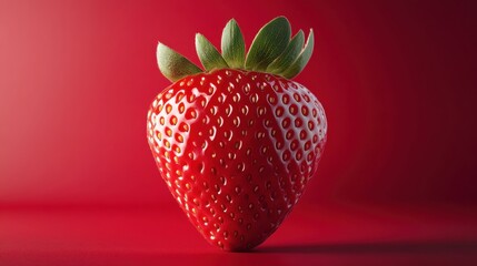 Wall Mural - Fresh red strawberry with green leaves on vivid red background focusing on fruit details