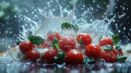 Water Splashing Over Cherry Tomatoes and Basil