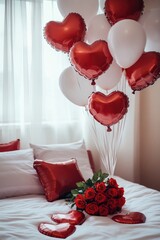 Wall Mural - A cluster of red and white heart-shaped balloons tied together