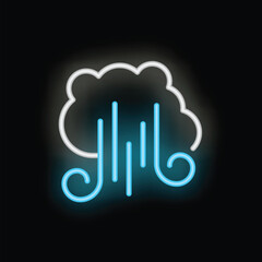 Poster - Neon sign illuminating a blue wind blowing under a white cloud, on black background