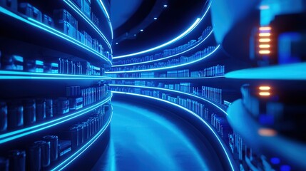 Poster - A futuristic pharmacy with glowing shelves of medicines and an automated system dispensing prescriptions