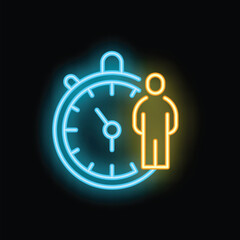 Poster - Neon icon of a person standing next to a stopwatch, representing the concept of time management and efficiency