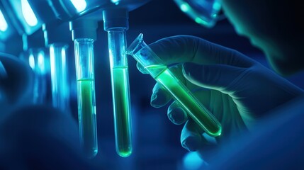 Poster - A medical researcher examining test tubes filled with glowing liquids in a laboratory setting
