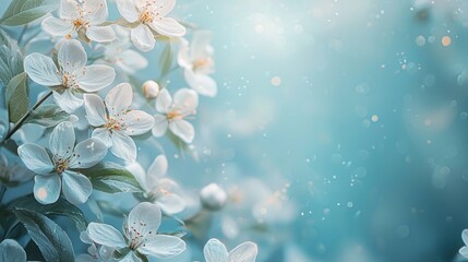 Poster - Delicate white flowers burst into bloom, their petals gently swaying in a soft breeze. A tranquil blue background enhances the essence of spring, inviting peaceful moments
