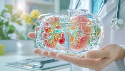 Poster - A pediatric doctor holding a holographic model of a child kidneys, explaining it to concerned parents