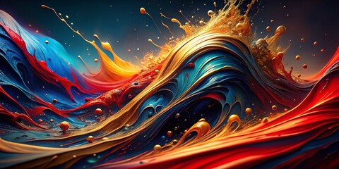 Poster - Surreal Abstract Gloss Paint Flow: Red, Blue, Black, Gold Splashes & Glare