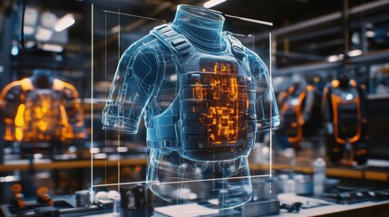 Poster - Holographic projection showcasing the intricate circuitry of a futuristic tactical vest, hinting at advanced technological integration in a modern military or industrial workshop
