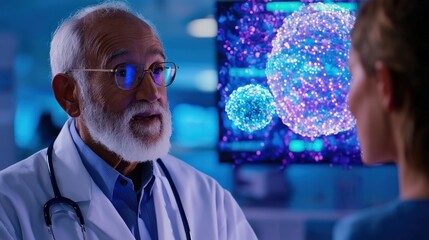 Aufkleber - A senior patient consulting with a doctor, with holographic health data displayed above their conversation