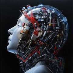Aufkleber - A woman's head is made of wires and electronics