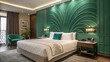 © Justlight - A cozy retreat showcases a vivid emerald green accent wall creating an energetic backdrop for the elegant white linens and plush pillows adorned on the bed. The standout headboard