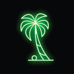 Poster - Green neon sign representing a palm tree on a beach, evoking summer vacations and tropical destinations