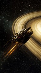 Wall Mural - golden spaceship soaring past planetary rings in space