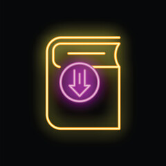 Poster - Glowing neon icon of a book with download arrow showing concept of online education