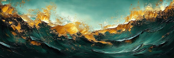 Poster - abstract artistic representation of ocean waves with golden accents in a turquoise background