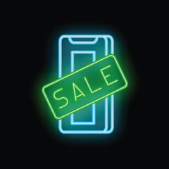 Poster - Neon sale sign is hovering over a smartphone in an advertisement for deals available online