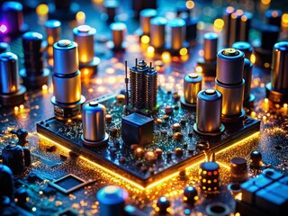 Poster - Surreal Cyberpunk Electronics: Close-up of Black Circuit Board with Capacitors, Coil, and Microcontroller