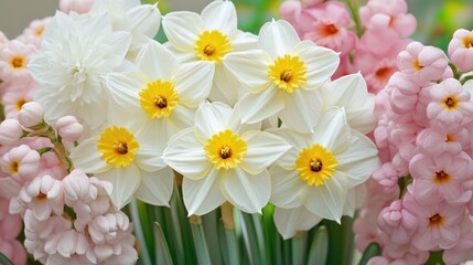 Canvas Print - A bouquet of white and pink flowers arranged in a glass vase for decoration or gift