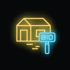 Poster - Neon sign representing a house being sold at auction with a bid sign