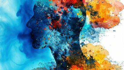 Fototapete - A striking representation of a human silhouette intertwined with vibrant splashes of color, illustrating the dynamic interplay between art and identity.