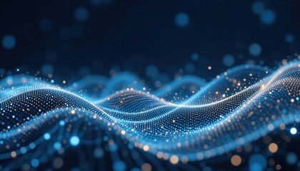 Poster - Abstract digital wave pattern with glowing blue and golden dots on a dark background
