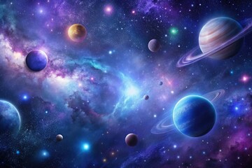 Wall Mural - dark nebula galaxy background with twinkling stars and planets in shades of purple and blue, blackne