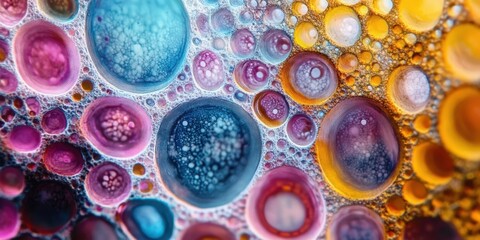 Poster - abstract macro image of colorful bubbles and droplets on a surface with vibrant hues of blue, pink, 