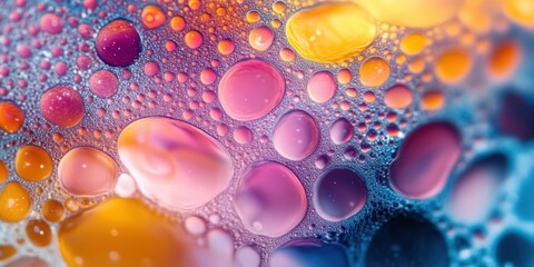Poster - Abstract macro image of colorful bubbles with vibrant hues and intricate textures capturing the beauty of microscopic structures in liquid
