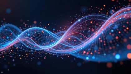 Poster - Abstract blue and red light waves, flowing with bright particle patterns on a dark background
