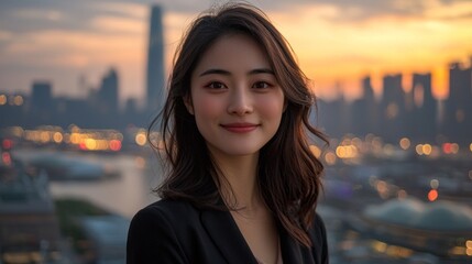 Poster - Against a backdrop of a modern skyline, a young woman stands confidently as hues of orange and pink light up the evening sky. City lights twinkle below, creating a serene atmosphere